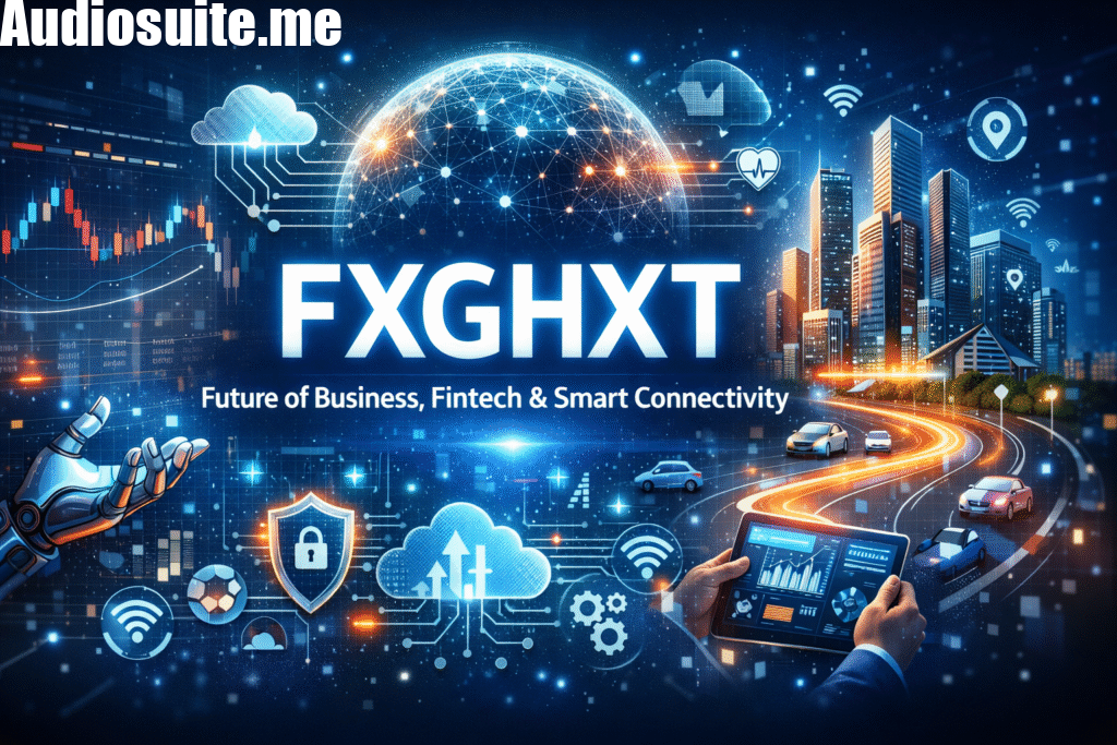 Illustration of FXGHXT technology connecting business, fintech, and smart devices through data analytics and intelligent networks