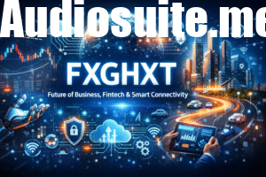 Illustration of FXGHXT technology connecting business, fintech, and smart devices through data analytics and intelligent networks