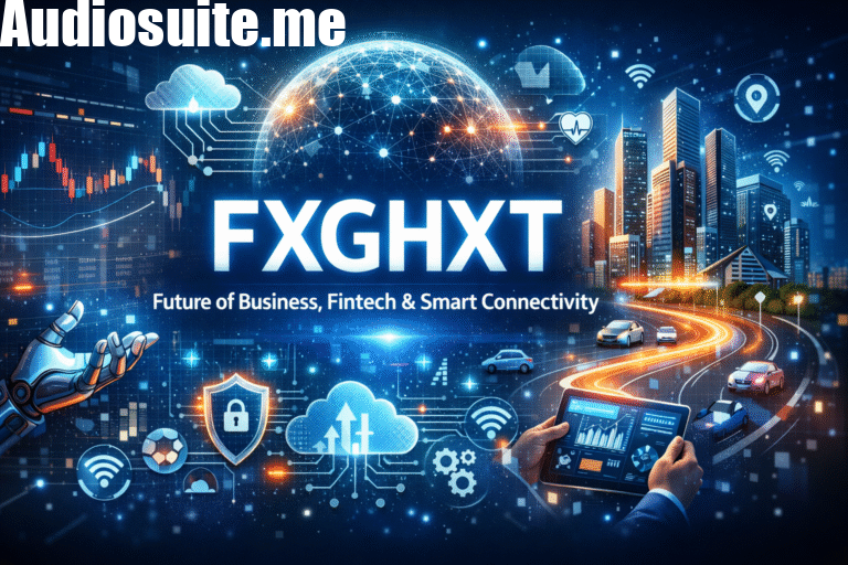 Illustration of FXGHXT technology connecting business, fintech, and smart devices through data analytics and intelligent networks