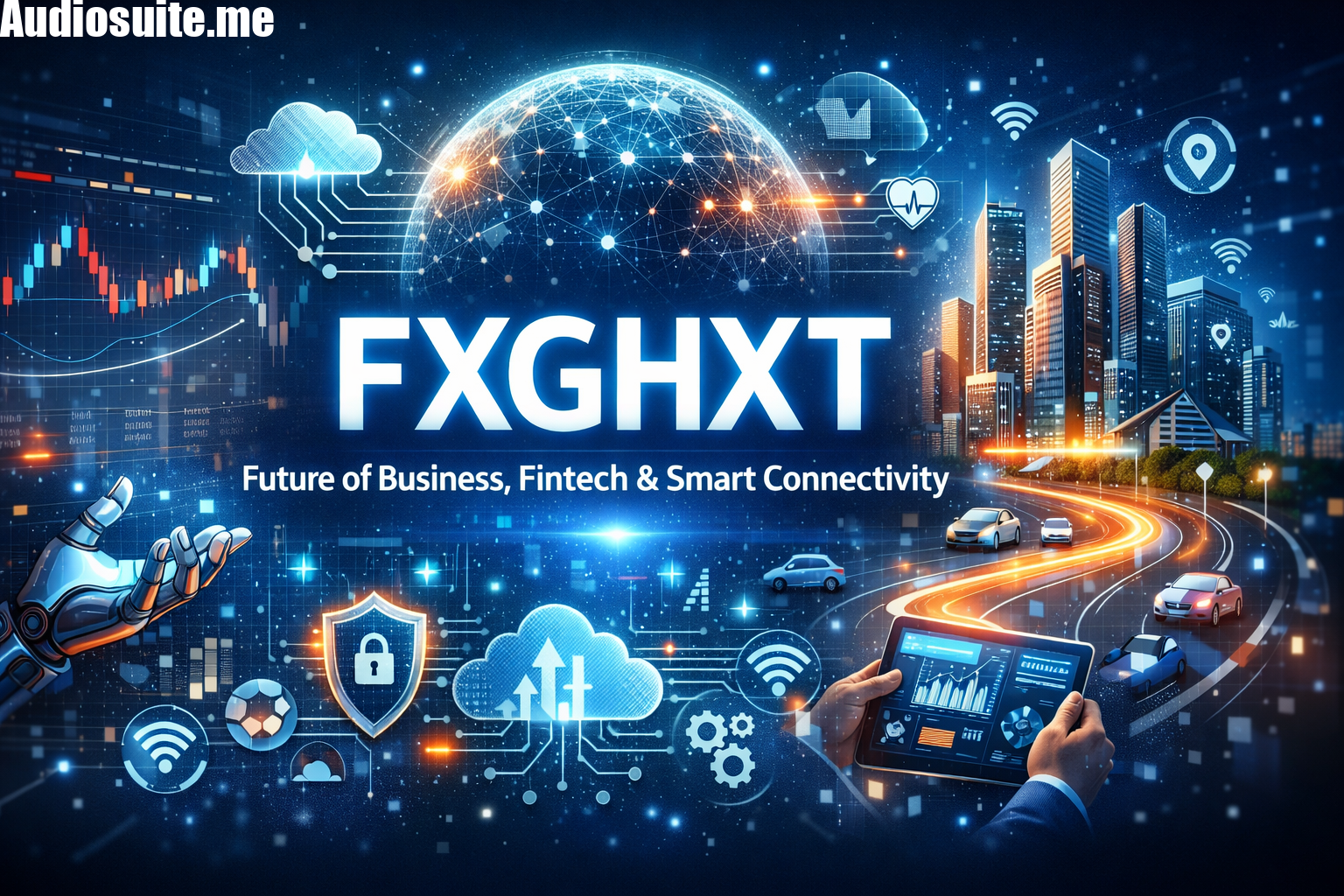 Illustration of FXGHXT technology connecting business, fintech, and smart devices through data analytics and intelligent networks